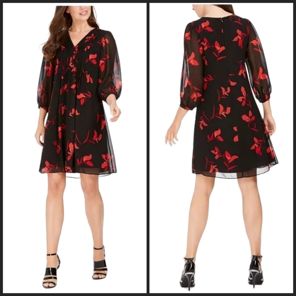 NWT Calvin Klein Red Floral A-Line Swing Dress